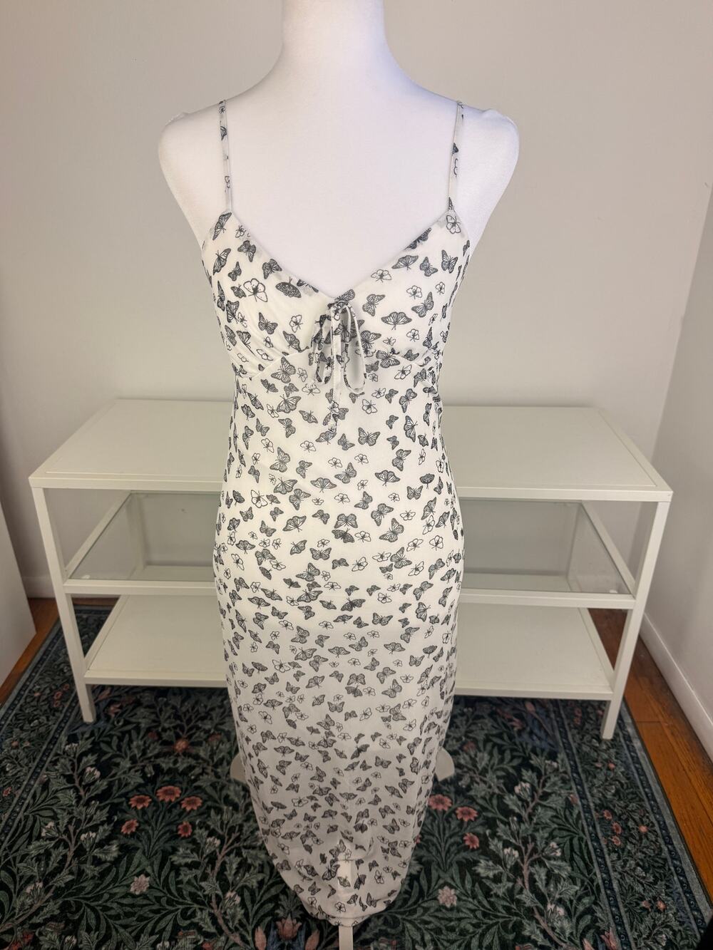 Ultra Flirt Womens White/Black Butterfly Midi 90s Spaghetti Strap Dress Small